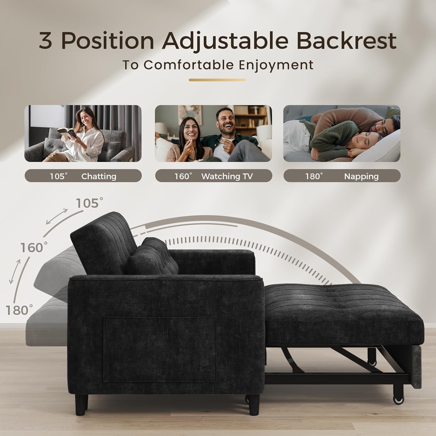 KKL 3 in 1 Convertible Sleeper Sofa Bed, Small Pull Out Couch Bed with Adjustable Backrest, Chenille Little Loveseat Couches with Side Pocket, Futon Sofa Beds Couch for Living Room, Bedroom (Black)