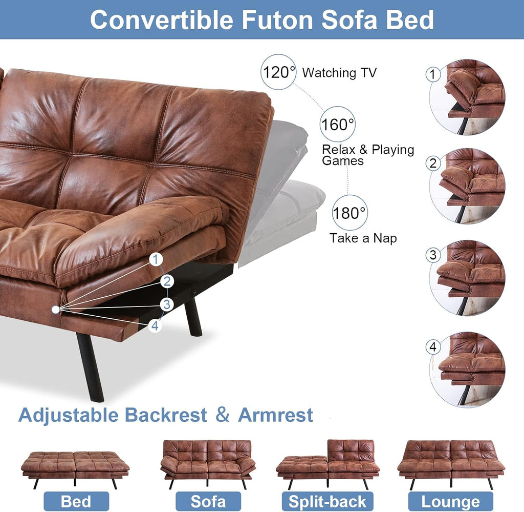 MUUEGM Convertible Futon Sofa Bed, Couch Sleeper Foldable, Loveseat Modern PU Leather and Memory Foam with Armrests&Backrest Adjustable, Recliner Lounge for Living Room, Small Space, Brown