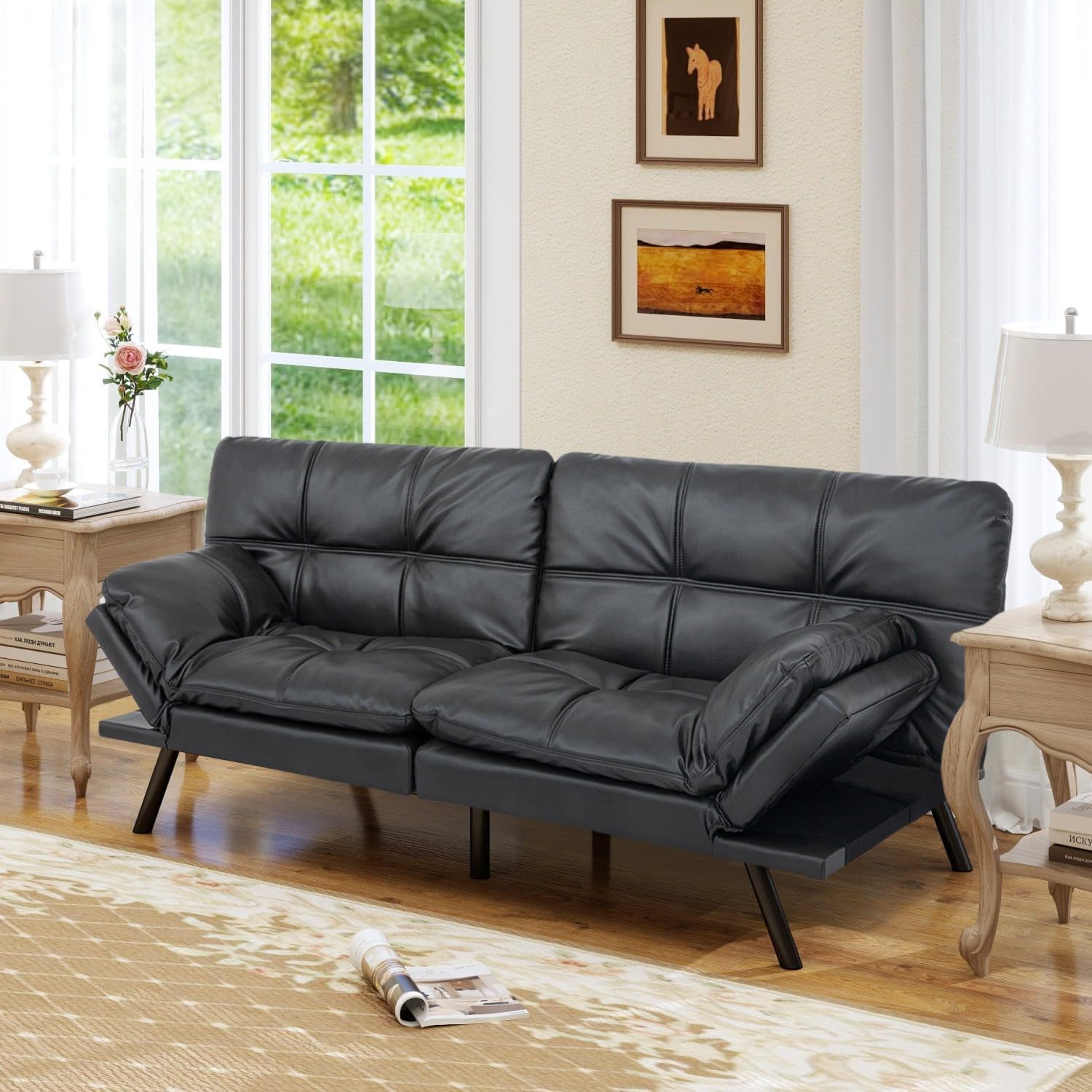 MUUEGM 71' Convertible Futon Sofa Bed, Upholstered Small Futon Couches with Adjustable Backrest, Loveseat Sleeper Bed for Compact Living Room Studio Office (Matte Black)