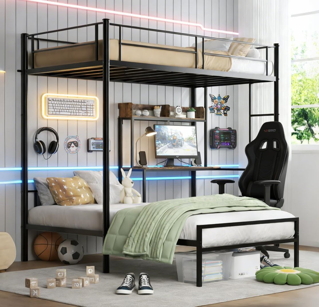Bellemave Twin Over Twin bunk Bed with Desk, loft Bed with Desk and Shelves, Twin Over Twin Metal Bunk Beds with Charging Station, Black