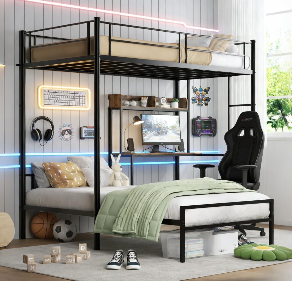 Bellemave Twin Over Twin bunk Bed with Desk, loft Bed with Desk and Shelves, Twin Over Twin Metal Bunk Beds with Charging Station, Black