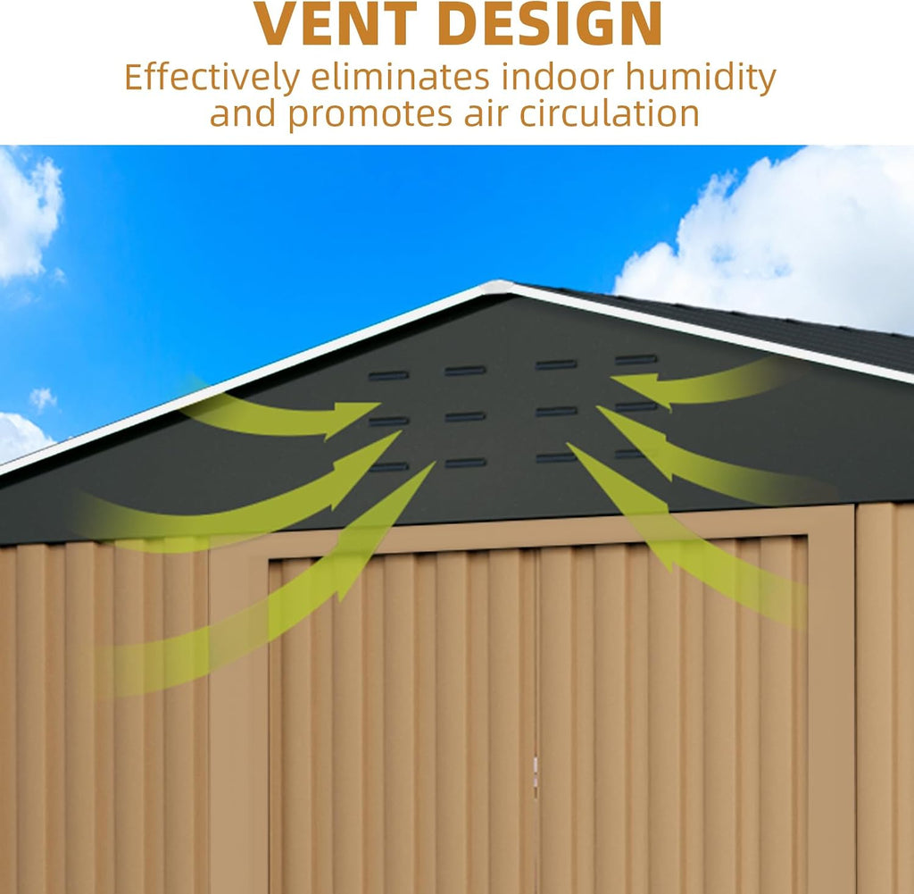 10x10FT Outdoor Metal Storage Shed, Lockable Weatherproof Garden Shed for Tools & Equipment, Durable Galvanized Steel with Sloping Roof & Ventilation, Ideal for Backyard, Patio & Garage Storage, Brown