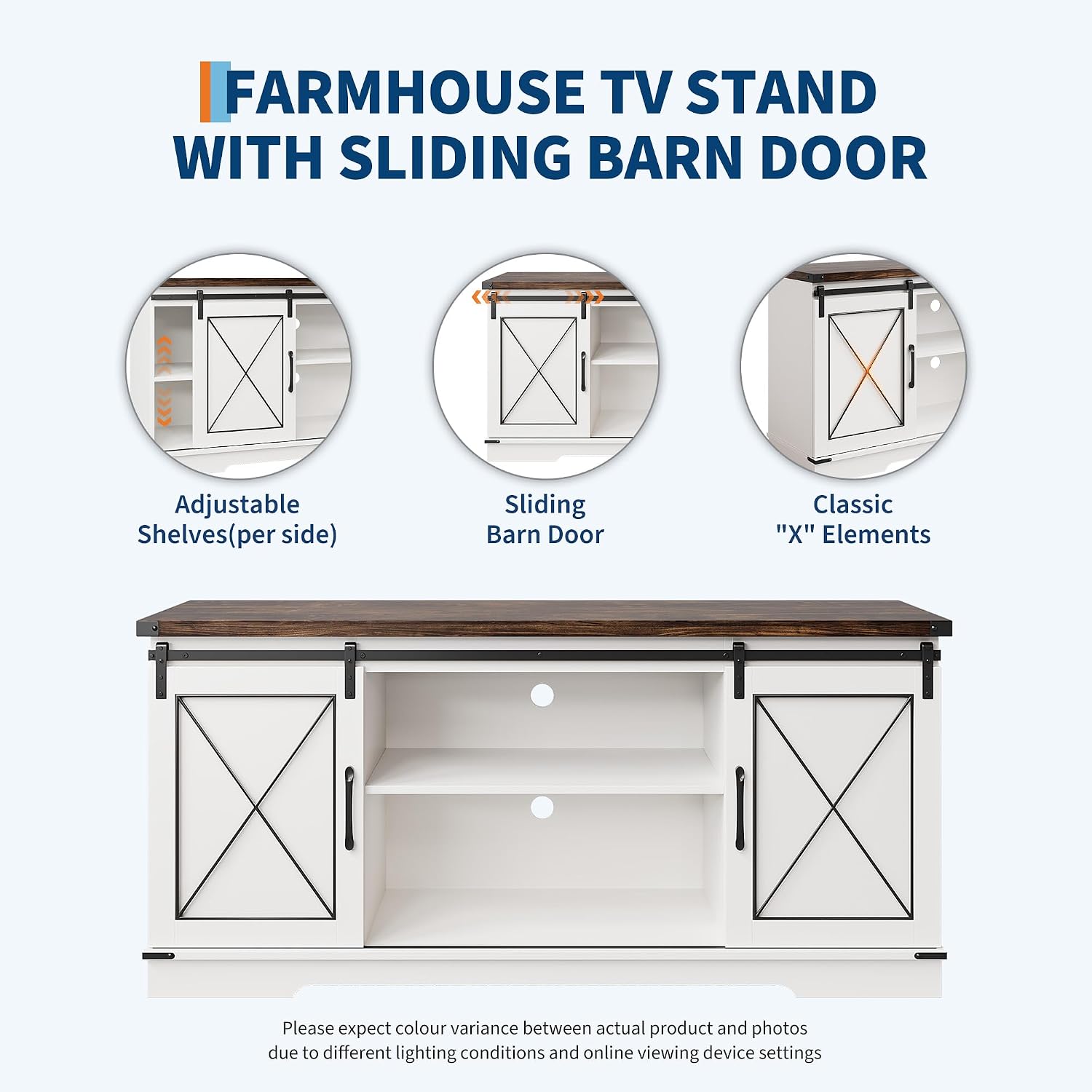 IDEALHOUSE Farmhouse TV Stand and Entertainment Center for Tv up to 65 inches with Sliding Barn Doors, Tv Media Console Table with Storage Cabinet for Living Room, White & Brown