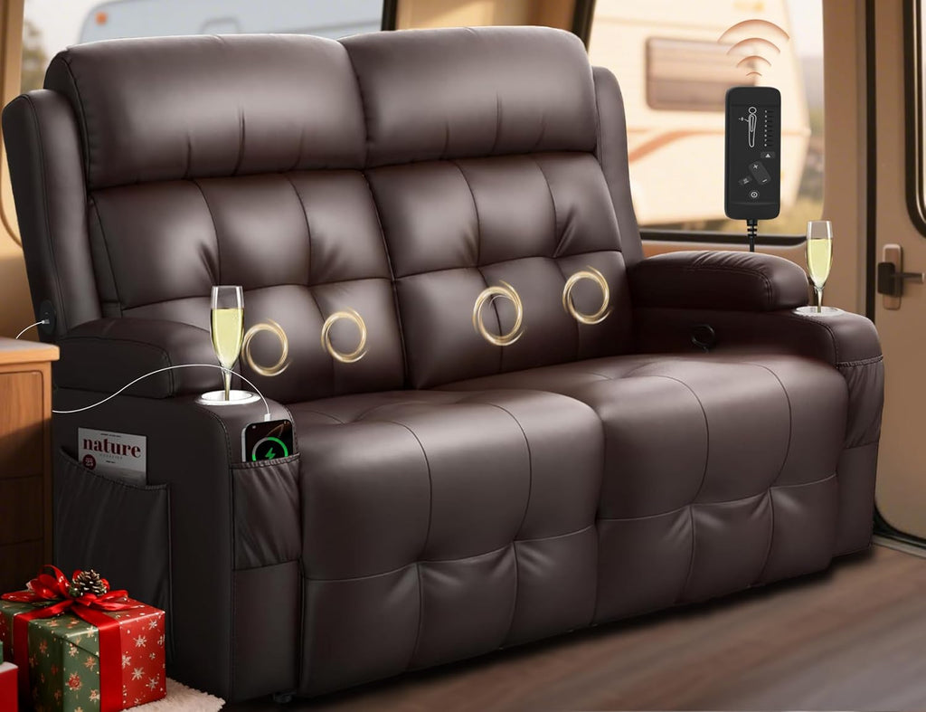 RV Loveseat Recliner Sofa, Wall Hugger Massage Reclining RV Couch with USB, Insert Pockets, Cup Holders, 150° RV Recliners Sleeper Sofa for RV Furniture & Travel Trailers & Home Theater Seating