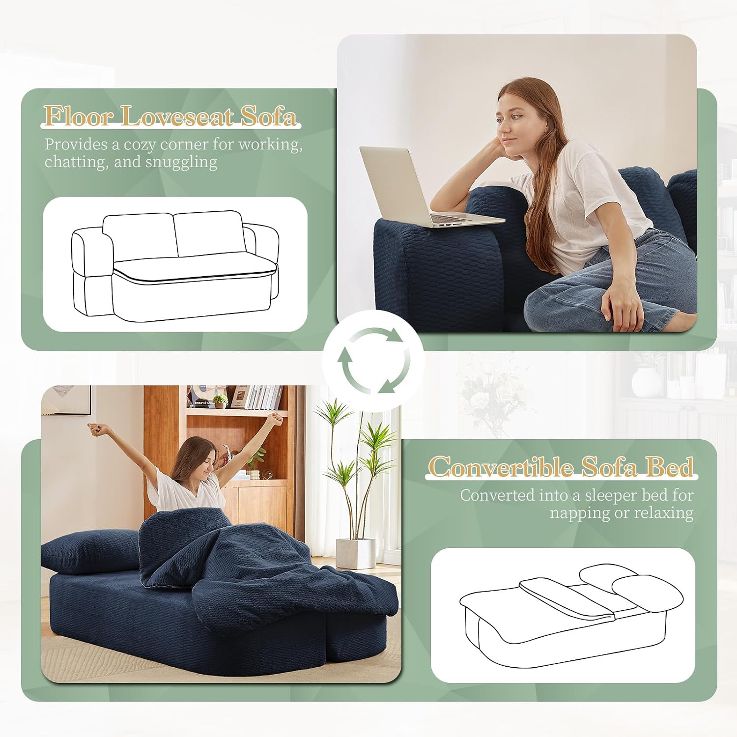 Futon Sofa Bed with Blanket, Convertible Folding Boneless Compressed Faux Fur Memory Foam Floor Loveseat Sleeper Sofa Couch Full Size Bed with Pillows for Guest Room Living Room Small Space, Blue