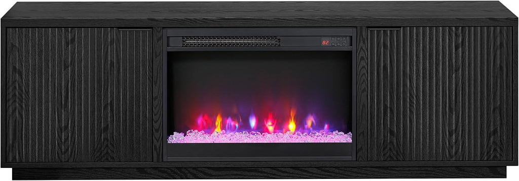 Henn&Hart Rectangular TV Stand with 26' Crystal Fireplace for TV's up to 78' in Black Grain, for Home, Living Room, Bedroom, Entertainment Room, Office