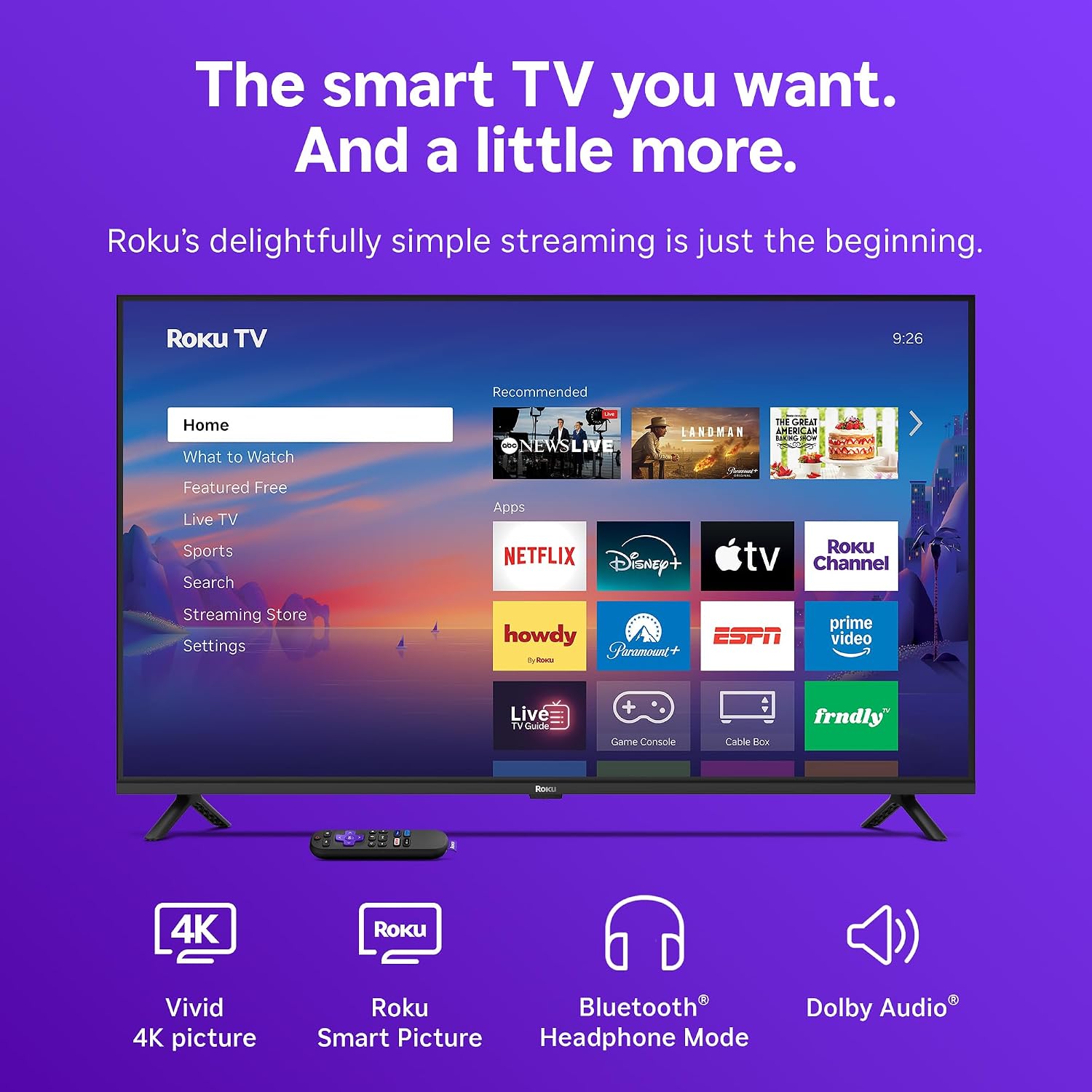 Roku Smart TV 2026 – 43-Inch Select Series, 4K HDR TV – Roku TV with Voice Remote – Flat Screen LED Television with Wi-Fi for Streaming Live Local News, Sports, & Movies – Bluetooth Headphone Mode