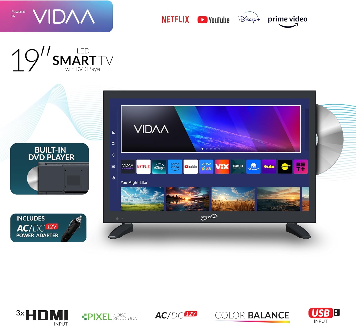 Supersonic SC-1926DVD 19-inch LED Smart HDTV w/DVD Player, 3X HDMI, 1080p, WiFi, USB, AC/DC Compatible for Home, Kitchen, or RV Camper, DC Car Cord Included (SC-1926SDVD –19' Smart TV/DVD Combo)