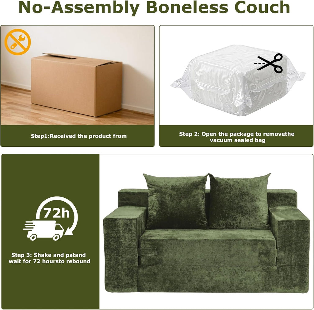 Boneless Couch Loveseat Sleeper, Convertible Sofa Bed Folding Couch Bed, Boneless Chair Bed & Futon Sofa Bed, Small Pull Out Couch Foldable with 4 Pillows for Living Room, Green