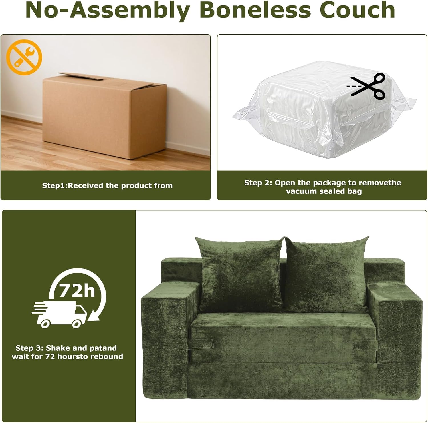 Boneless Couch Loveseat Sleeper, Convertible Sofa Bed Folding Couch Bed, Boneless Chair Bed & Futon Sofa Bed, Small Pull Out Couch Foldable with 4 Pillows for Living Room, Green