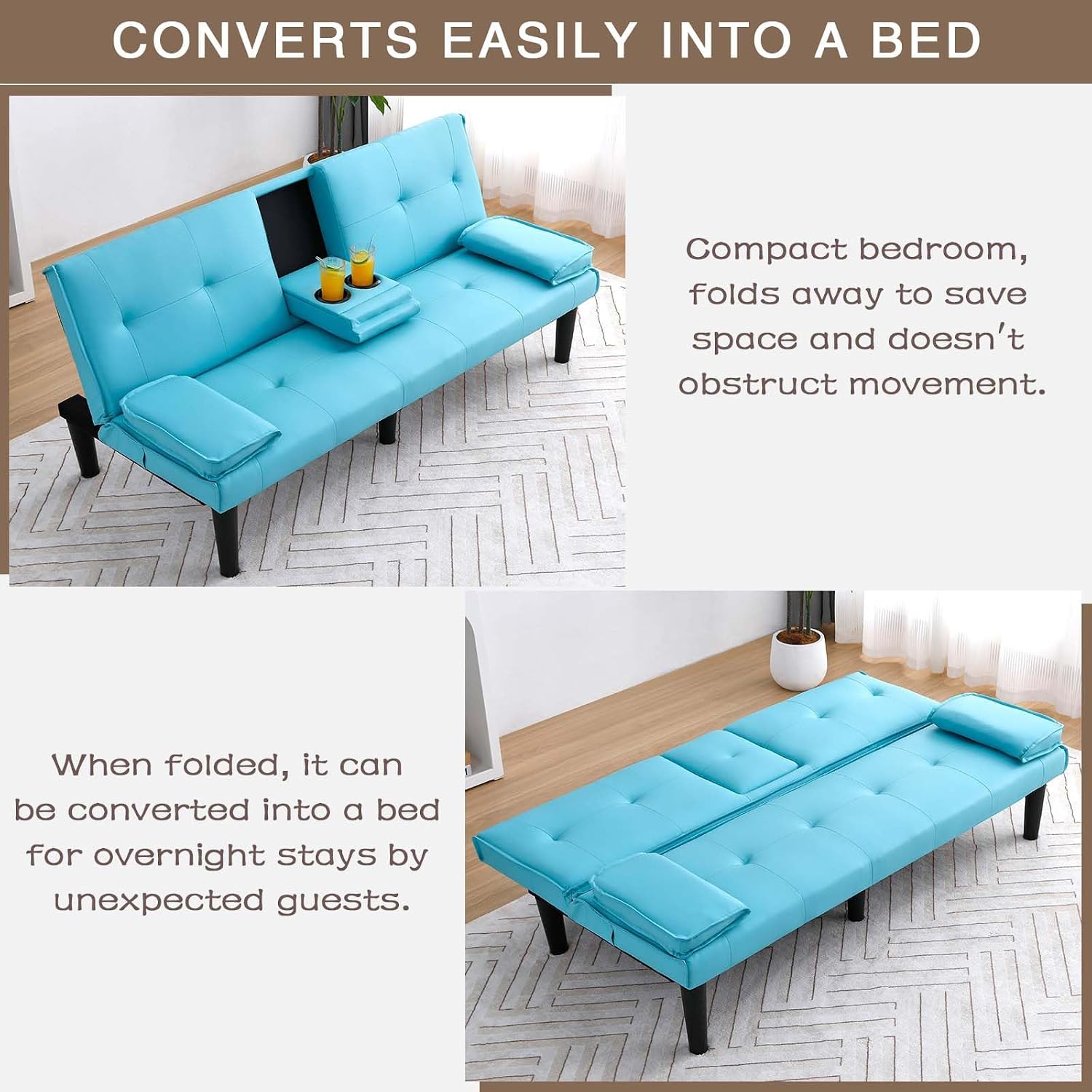 67' Futon Sofa Bed,Convertible Sofa Bed with 2 Cup Holders,Sleeper Couch PVC Leather Removable Soft Armrest Small Couch for Living Room Apartments ﻿ (Blue)