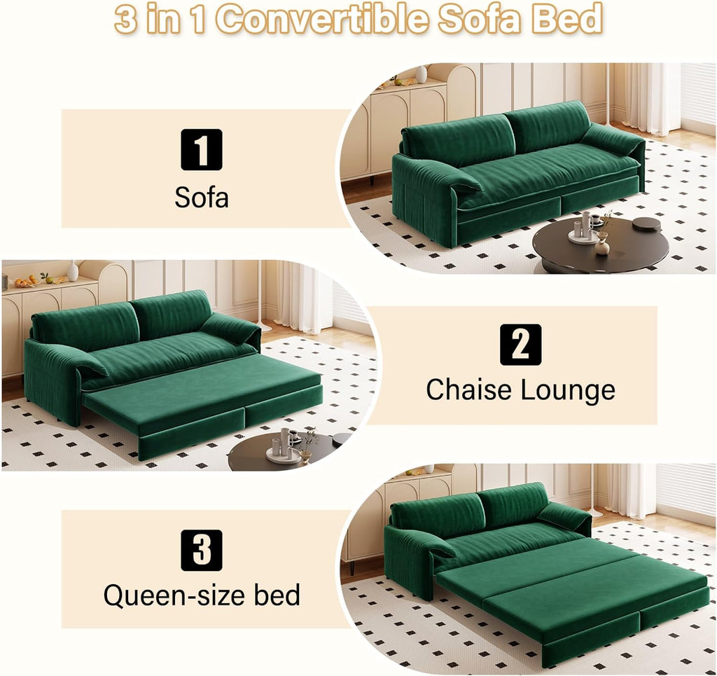 3 in 1 Convertible Queen Sleeper Sofa Bed Comfy Pull Out Futon Couch Bed 66' Modern Velvet Recliner Loveseat Sofa Multi-Functional Green Cloud Couch for Living Room,Apartment,Office (Green 66')