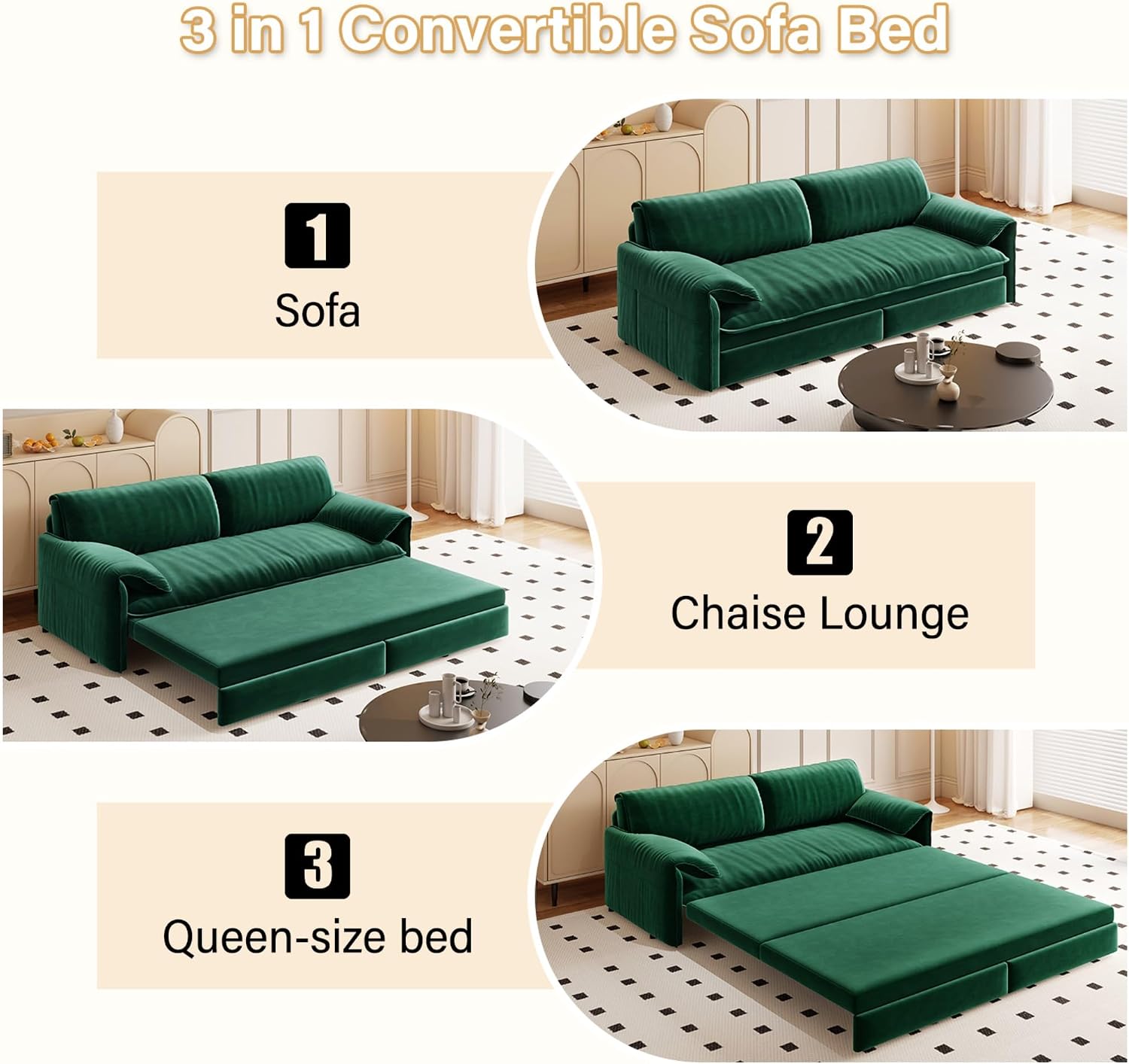 3 in 1 Convertible Queen Sleeper Sofa Bed Comfy Pull Out Futon Couch Bed 66' Modern Velvet Recliner Loveseat Sofa Multi-Functional Green Cloud Couch for Living Room,Apartment,Office (Green 66')