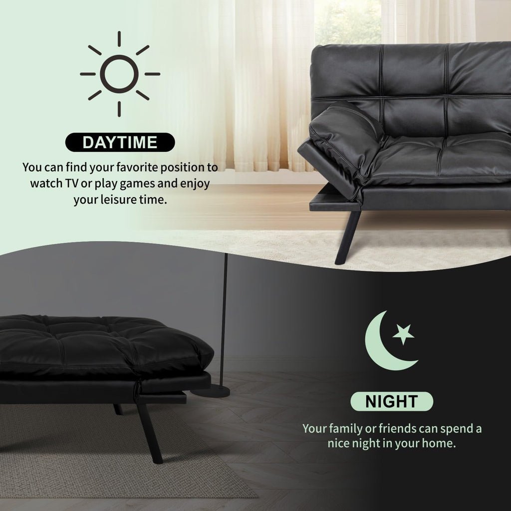 MUUEGM 71' Convertible Futon Sofa Bed, Upholstered Small Futon Couches with Adjustable Backrest, Loveseat Sleeper Bed for Compact Living Room Studio Office (Matte Black)