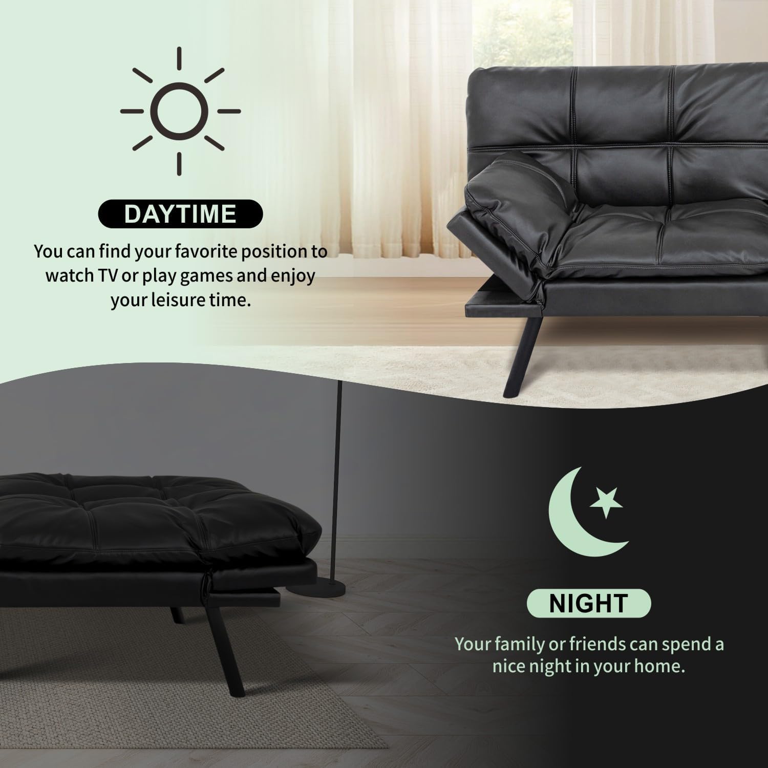 MUUEGM 71' Convertible Futon Sofa Bed, Upholstered Small Futon Couches with Adjustable Backrest, Loveseat Sleeper Bed for Compact Living Room Studio Office (Matte Black)