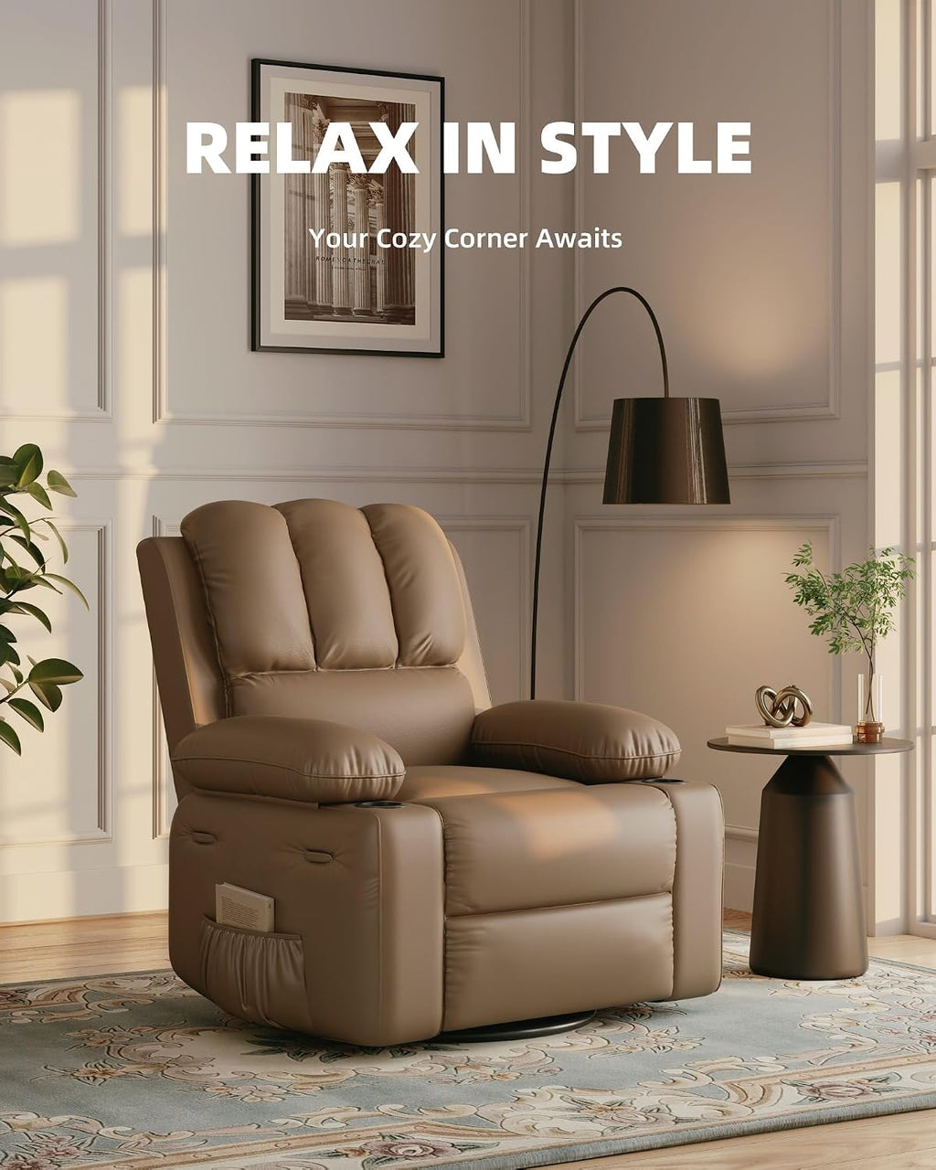 22 in Leather Recliner Chair for Adults, Overstuffed Manual Recliner Chair, Single Sofa with Cup Holder and Side Pockets, Upholstered Chair for Living Rooms, Tan