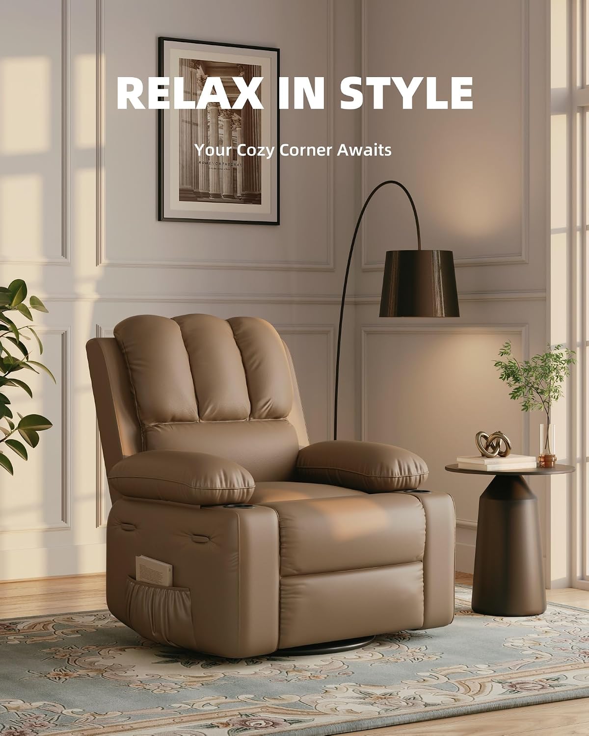 22 in Leather Recliner Chair for Adults, Overstuffed Manual Recliner Chair, Single Sofa with Cup Holder and Side Pockets, Upholstered Chair for Living Rooms, Tan