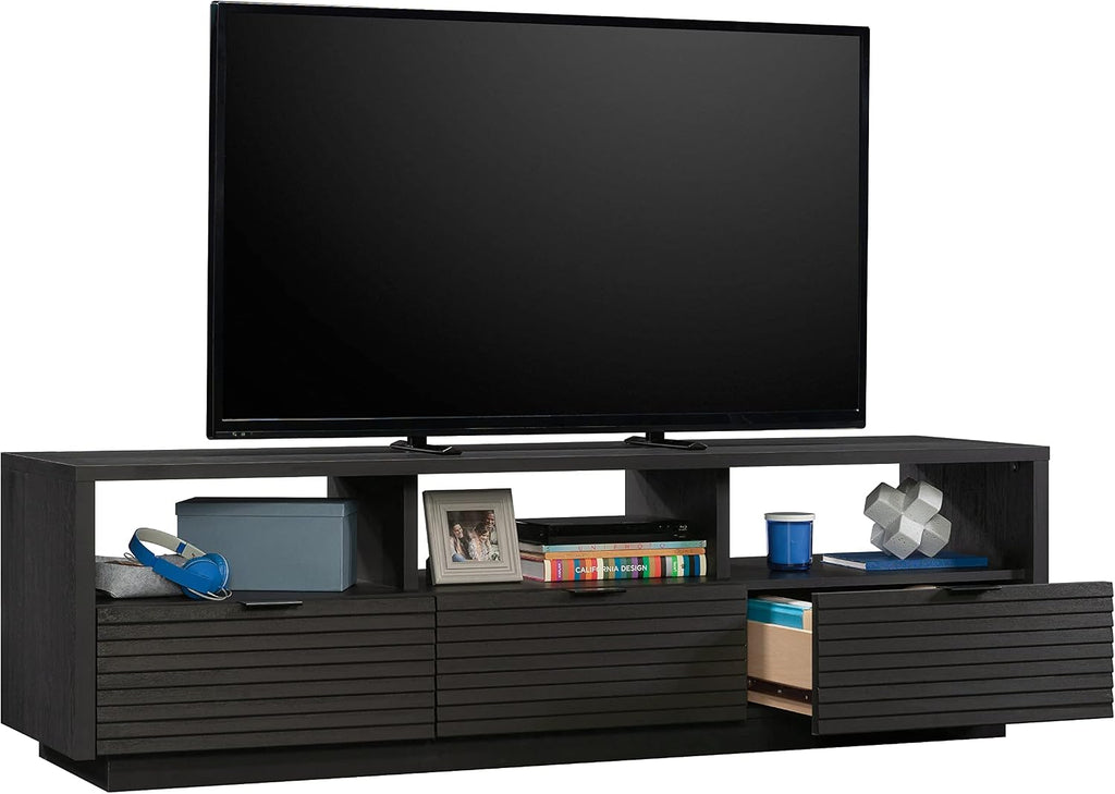 Sauder Harvey Park Modern TV Stand Media Console Credenza with Drawers and Storage Shelves, in Raven Oak
