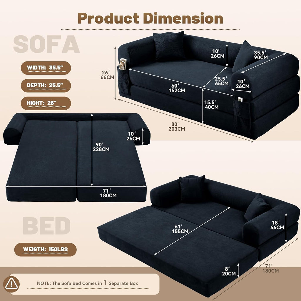 Convertible Futon Sofa Bed,80' Folding Pull Out Couch Bed with Storage,Queen Sleeper Sofa Bed,Compressed Couch in a Box,Corduroy Boneless Couches for Living Room,Deep Blue