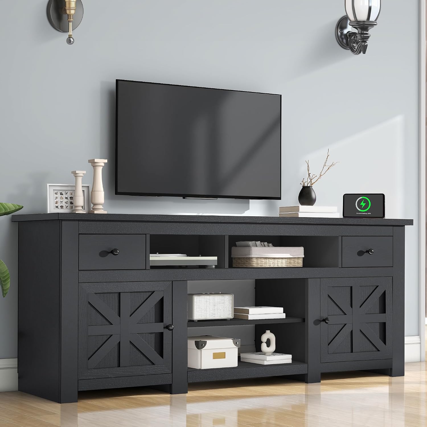 DWVO Farmhouse TV Stand for 75/80 Inches TVs, Entertainment Centers Furniture 30' Tall, TV Consoles with Storage Drawers & Power Outlet, Rustic TV Stands for Living Room, Black