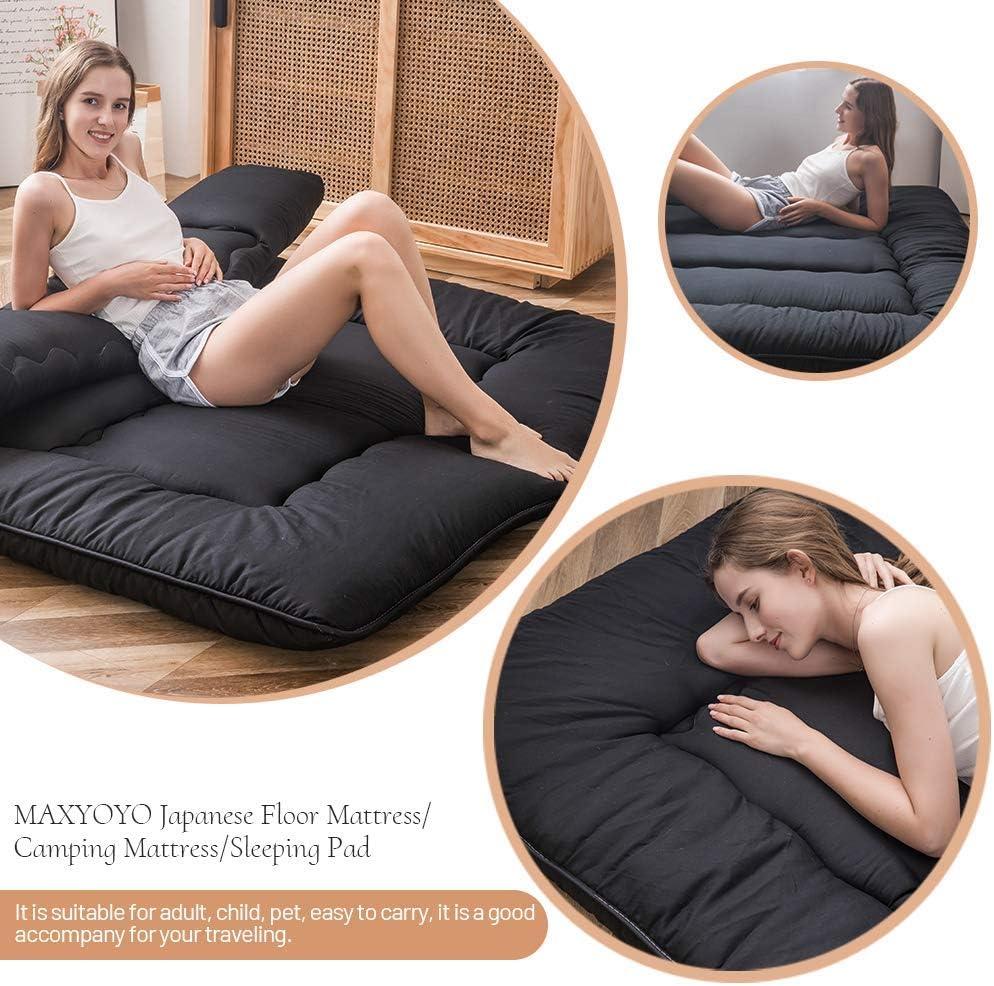 MAXYOYO Japanese Floor Mattress Futon Mattress, 4' Thicken Tatami Mat Sleeping Pad Foldable Roll Up Mat Boys Girls Dormitory Pad Kids Floor Lounger, Black, King
