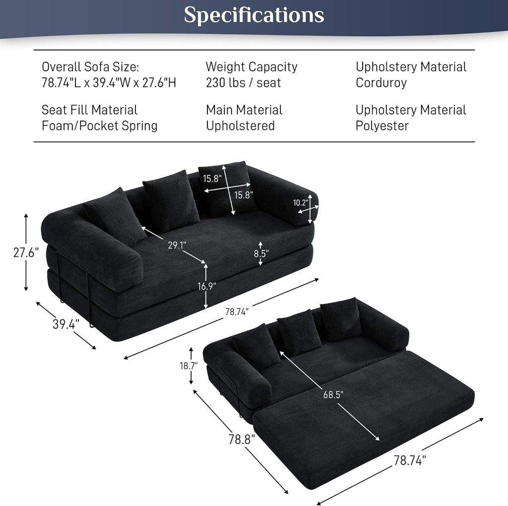 DAMAIFROM Convertible Sleeper Sofa Bed with Cylindrical Pillow,Corduroy Folding Mattress Couch with Fixed-Shape Frame,Modular Floor Sofa Lounge Couch for Living Room Bedroom Lounge,80',Black