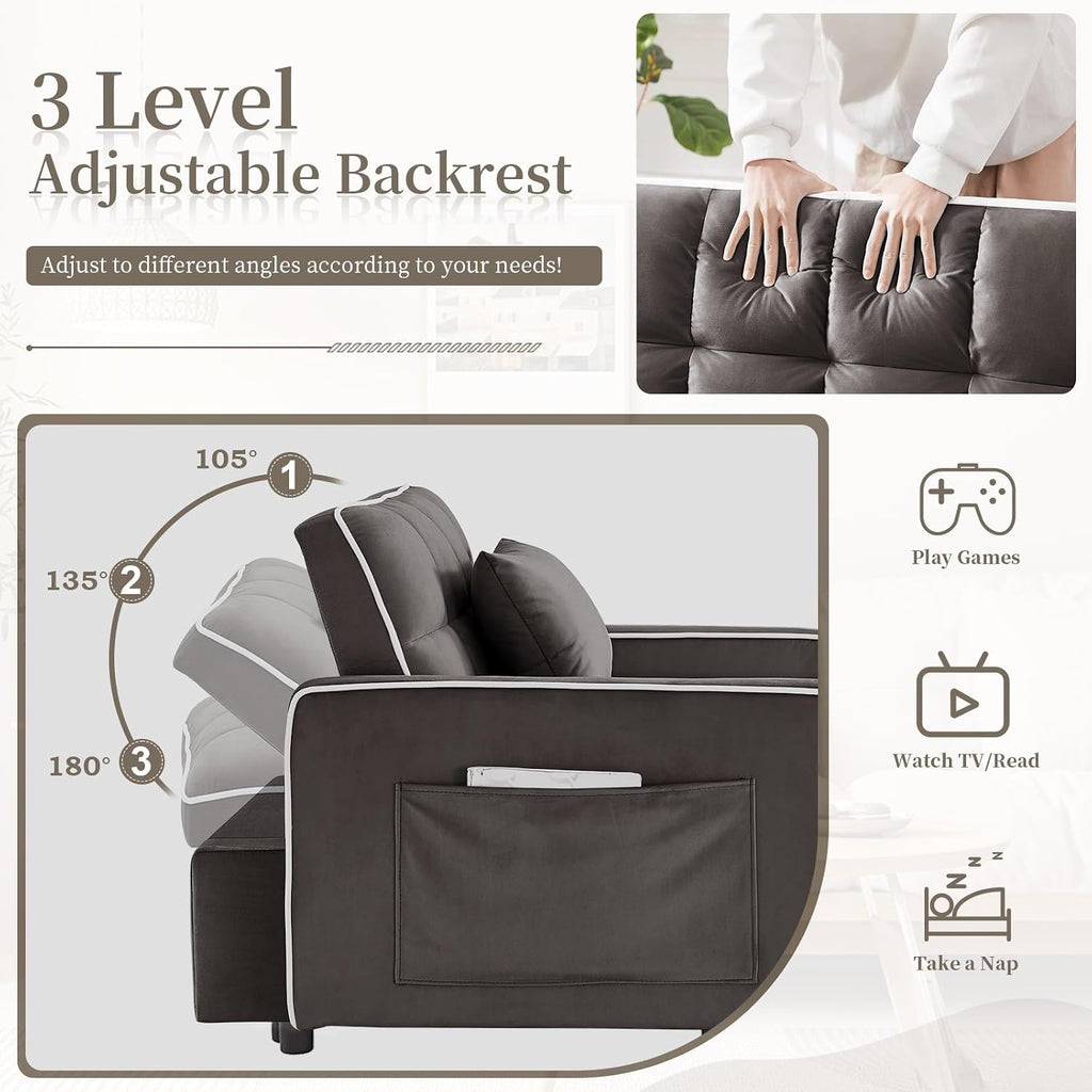 JEEOEHY 3 in 1 Convertible Sleeper Sofa Bed,Velvet Pull Out Couch Bed w USB&Type C Port,Comfy Futon Loveseat with Adjustable Backrest&Phone Holder for Living Room Apartment Small Space(Brown)