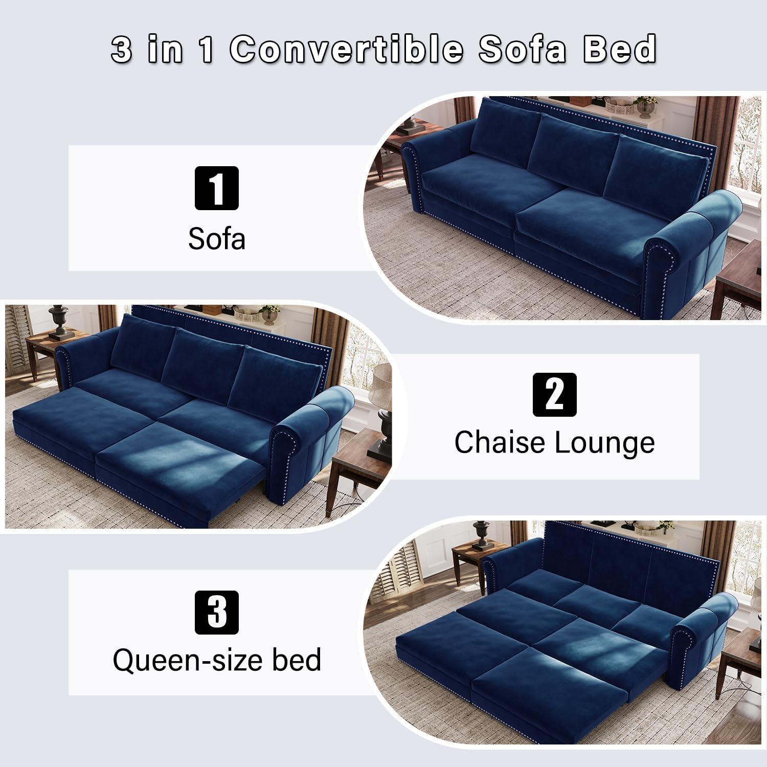 93.7' King Pull Out Sofa Bed, Velvet Sleeper Sofa Couch, 3 in 1 Convertible Futon Couches for Living Room, Small Space, Apartment, Office, Bedroom, Modern Rivet Armrest, Blue