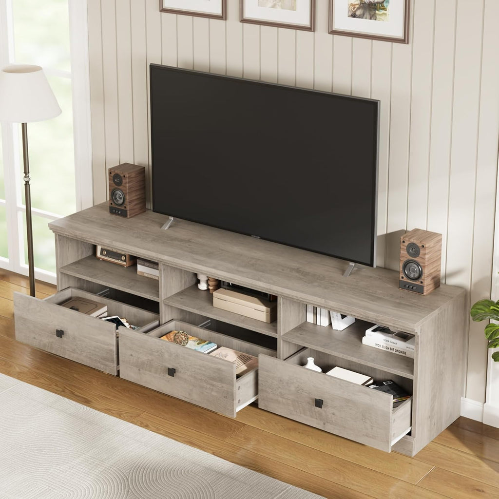 IDEALHOUSE 70in TV Stand for TVs up to 80', Mid Century Modern Entertainment Center with Storage Drawer and Open Shelves, TV Console Media Cabinet for Living Room, Bedroom, Vintage Gray