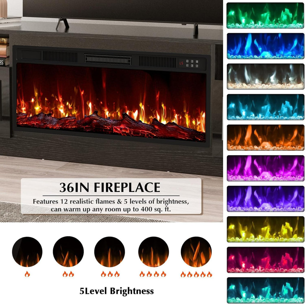LEMBERI Fireplace tv Stand with 36 inch Fireplace Up to 80' TVs,LED Light Entertainment Center and Storage, 70' Modern Wood Media TV Console with Highlight Cabinet for Living Room