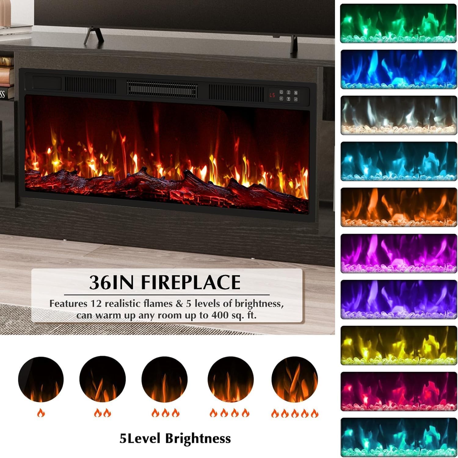 LEMBERI Fireplace tv Stand with 36 inch Fireplace Up to 80' TVs,LED Light Entertainment Center and Storage, 70' Modern Wood Media TV Console with Highlight Cabinet for Living Room