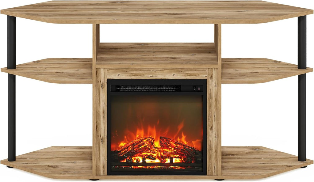 Furinno Jensen Fireplace TV Stand, Corner Entertainment Center, TV Console for TV up to 55 Inch with Fireplace, Plastic Poles and Open Storage, for Living Room, Bedroom, Flagstaff Oak