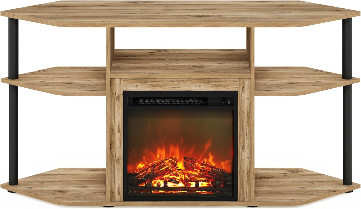 Furinno Jensen Fireplace TV Stand, Corner Entertainment Center, TV Console for TV up to 55 Inch with Fireplace, Plastic Poles and Open Storage, for Living Room, Bedroom, Flagstaff Oak