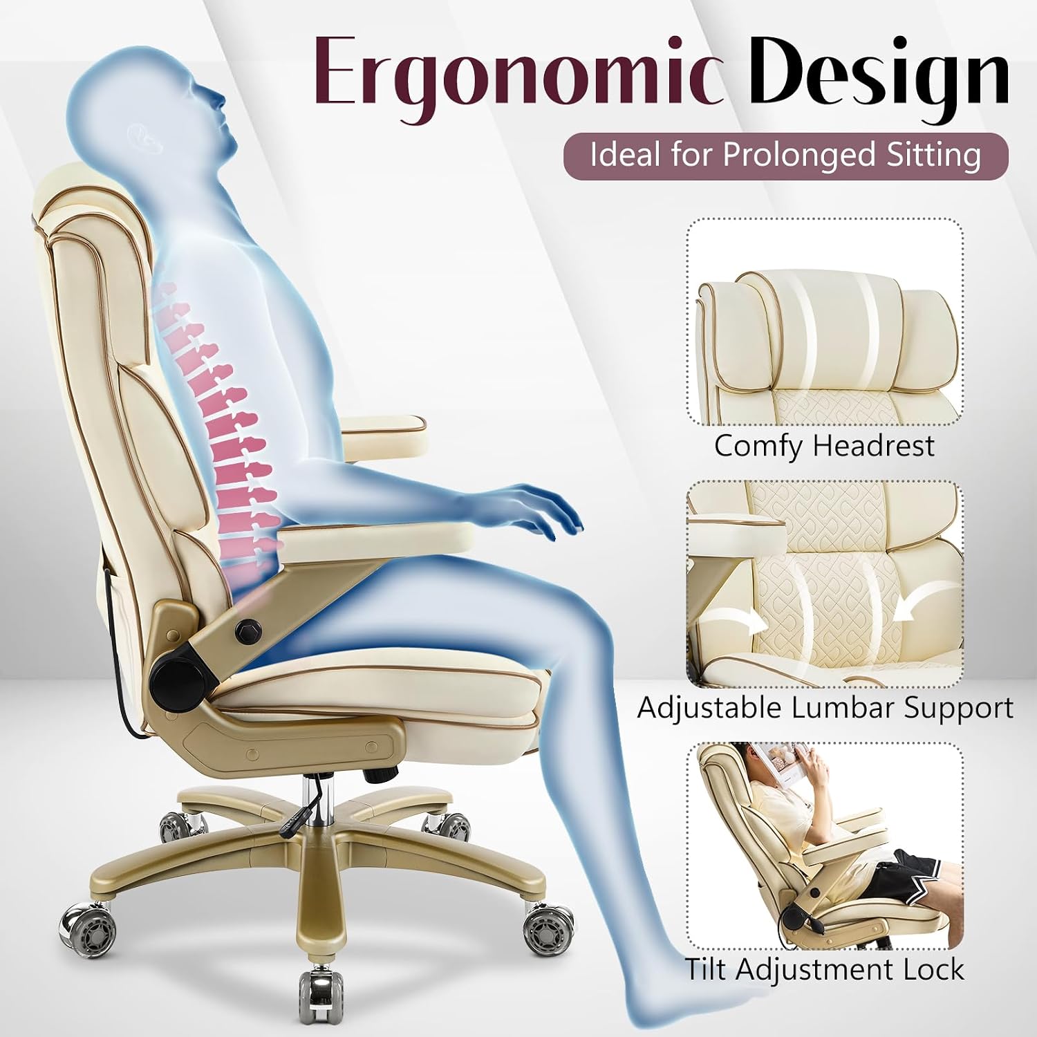 Big and Tall Office Chair 500lbs,5D Armrests Heavy Duty Executive Leather Chair with Comfortable Seat, Adjustable Lumbar, High Back, Large Computer Desk Chair for Home Office, Beige