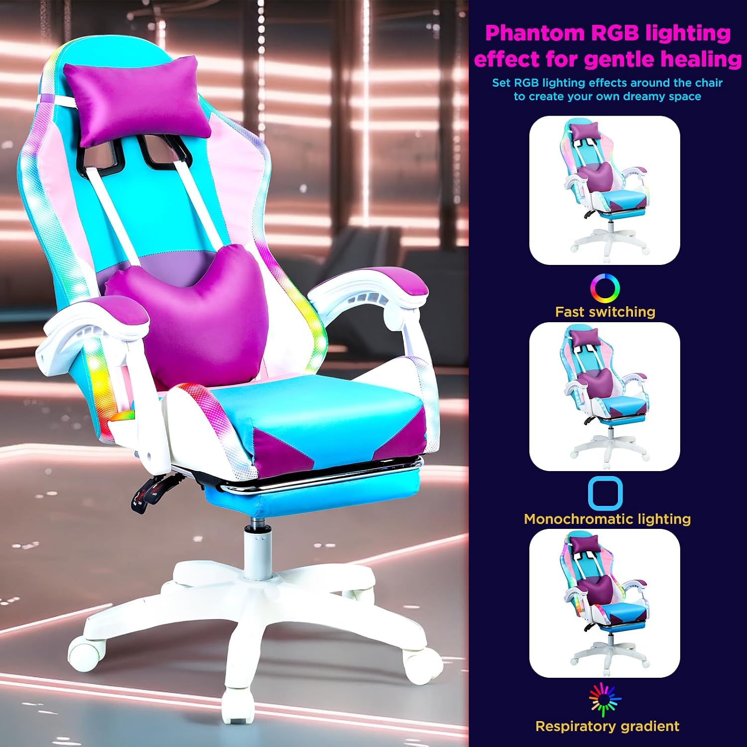 Talent Star Ergonomic Gaming Chair,Reclining Video Game Chair,with RGB LED Lights Massage and Footrest Heart High Back Adjustable Lumbar Support for Adult Height Adjustable with 360° Swivel Chair Pu