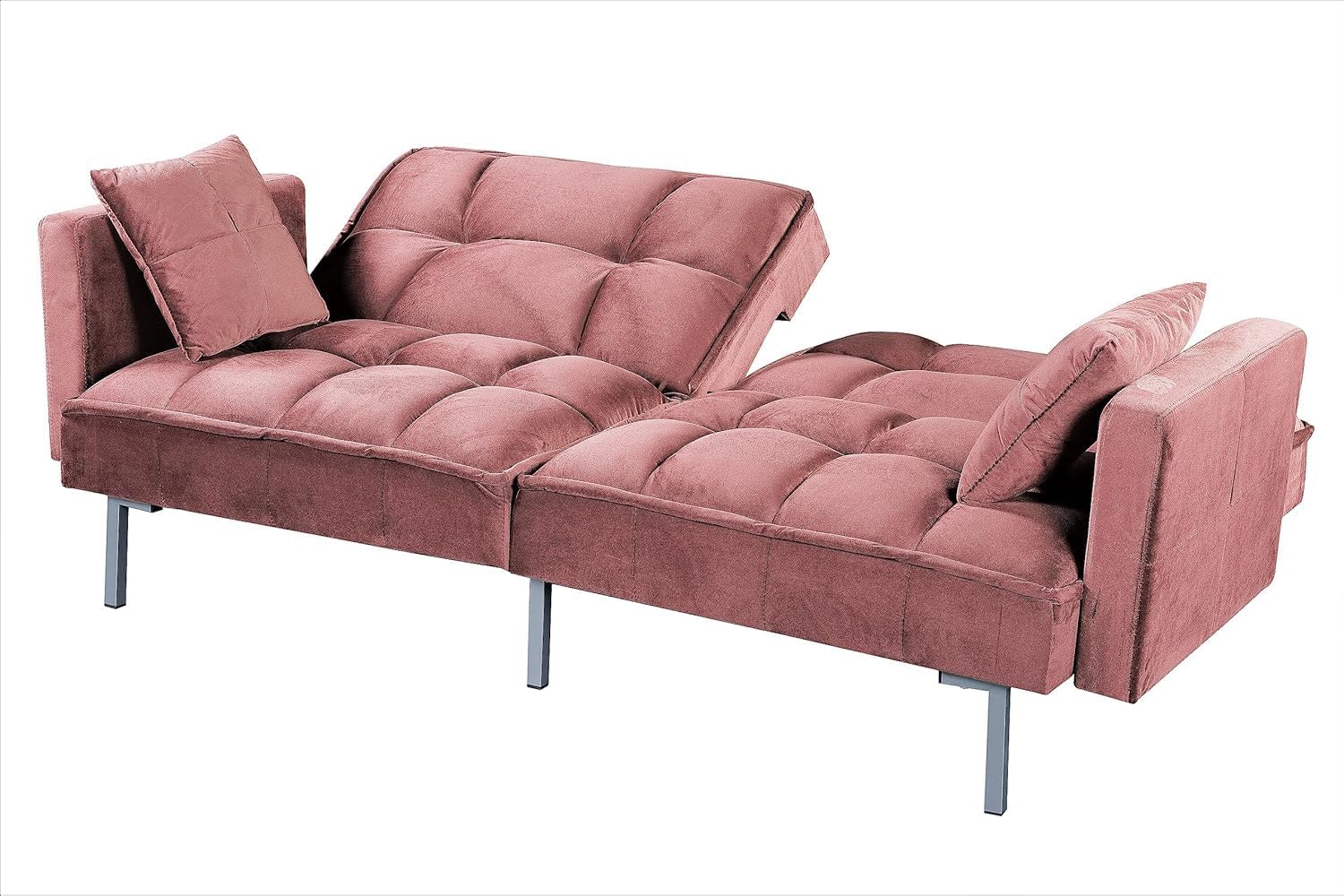 Container Furniture Direct Regal 75.6' Velvet Convertible Sofa Bed - Mid-Century Sleeper Couch w/Tufted Design & Metal Legs - Pull-Out Futon for Guests/Home (75.6' W x 34.6' D x 32' H), Rose