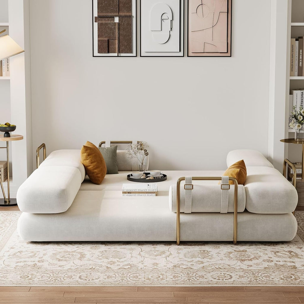 homary Velvet Futon Sofa Bed, 81' Convertible Sleeper Couch with Detachable Bolster Pillows, Stainless Steel Legs, Modern 3-Seater Sofa for Living Room, Apartment & Small Spaces (White)