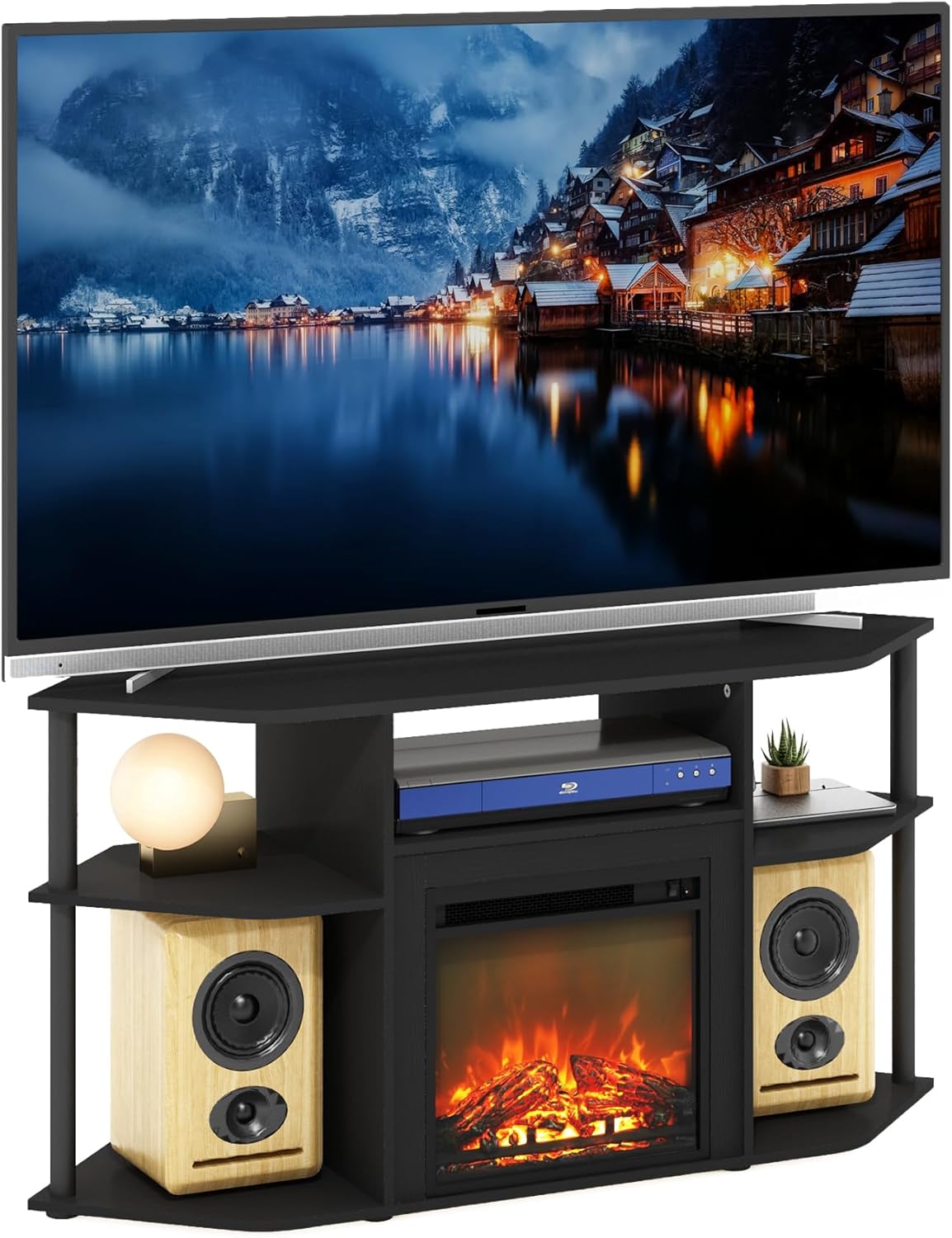 Furinno Jensen Fireplace TV Stand, Corner Entertainment Center, TV Console for TV up to 55 Inch with Fireplace, Plastic Poles and Open Storage, for Living Room, Bedroom, Americano