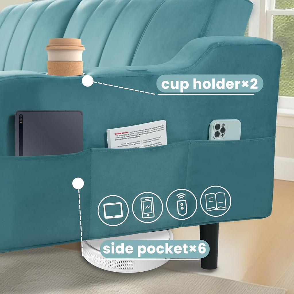 80' Velvet Futon Sofa Bed, Convertible Sleeper Loveseat with Cup Holders & Storage Pockets, Mid Century Modern Couch for Living Room, Bedroom, Office, Small Space (Teal Blue)