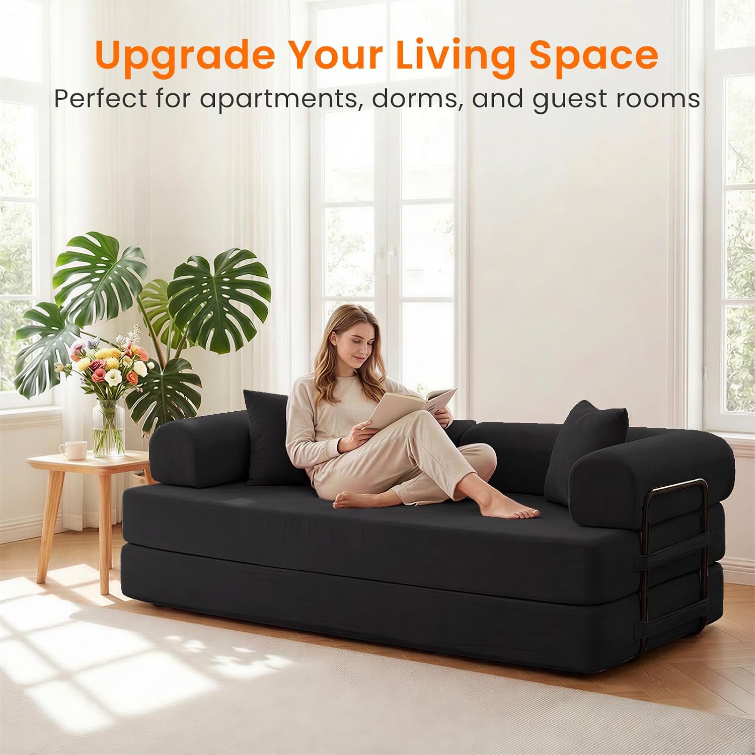 ijuicy 4-in-1 King Convertible Floor Sofa Bed w/ 2 Pillow,Modular Sleeper Sofa/Folding Futon Couch Bed w/Cylindrical Backrest and Fixed Frame,Lounge Couch,Corduroy Compression Sofas for Home-Black