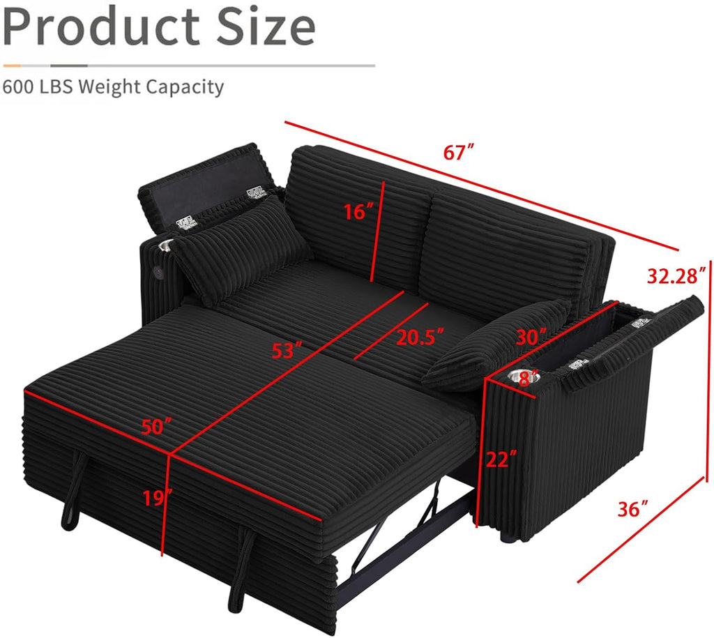 Convertible Corduroy Sofa Bed with USB Charging Port & Cup Holders, 68.11' Foldable Sleeper Chair with Armrests & Pillows, 3-in-1 Floor Futon for Living Room, Bedroom, Guest Room，Easy Assembly