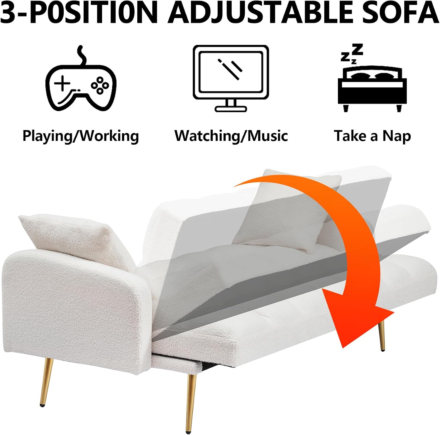 Comfy Futon Sofa Bed with 2 Pillows, White Futon Couch Bed with Gold Legs, Small Convertible Sofa Bed Couch for Living Room, Modern Loveseat for Bedroom, Curved Arms, Plush Tufted-Shaped,Teddy (Beige)