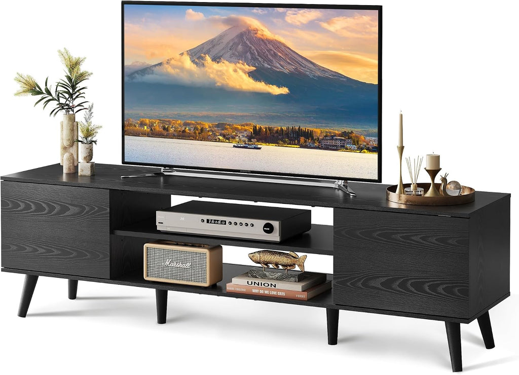 WLIVE Mid-Century Modern TV Stand for 65 70 Inch TV, Entertainment Center with Storage, Adjustable Shelves & Soft-Close, Media TV Console for Living Room/Bedroom, Black