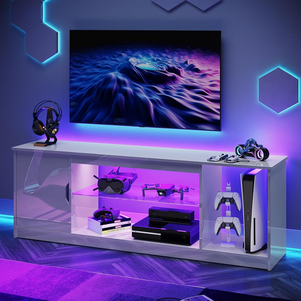 Bestier 57' Gloss White TV Stand for 65' TVs - Modern Gaming Console Unit with Glass Shelves, PS5/Xbox Cabinet, Adjustable Height Entertainment Center for Bedroom & Living Room