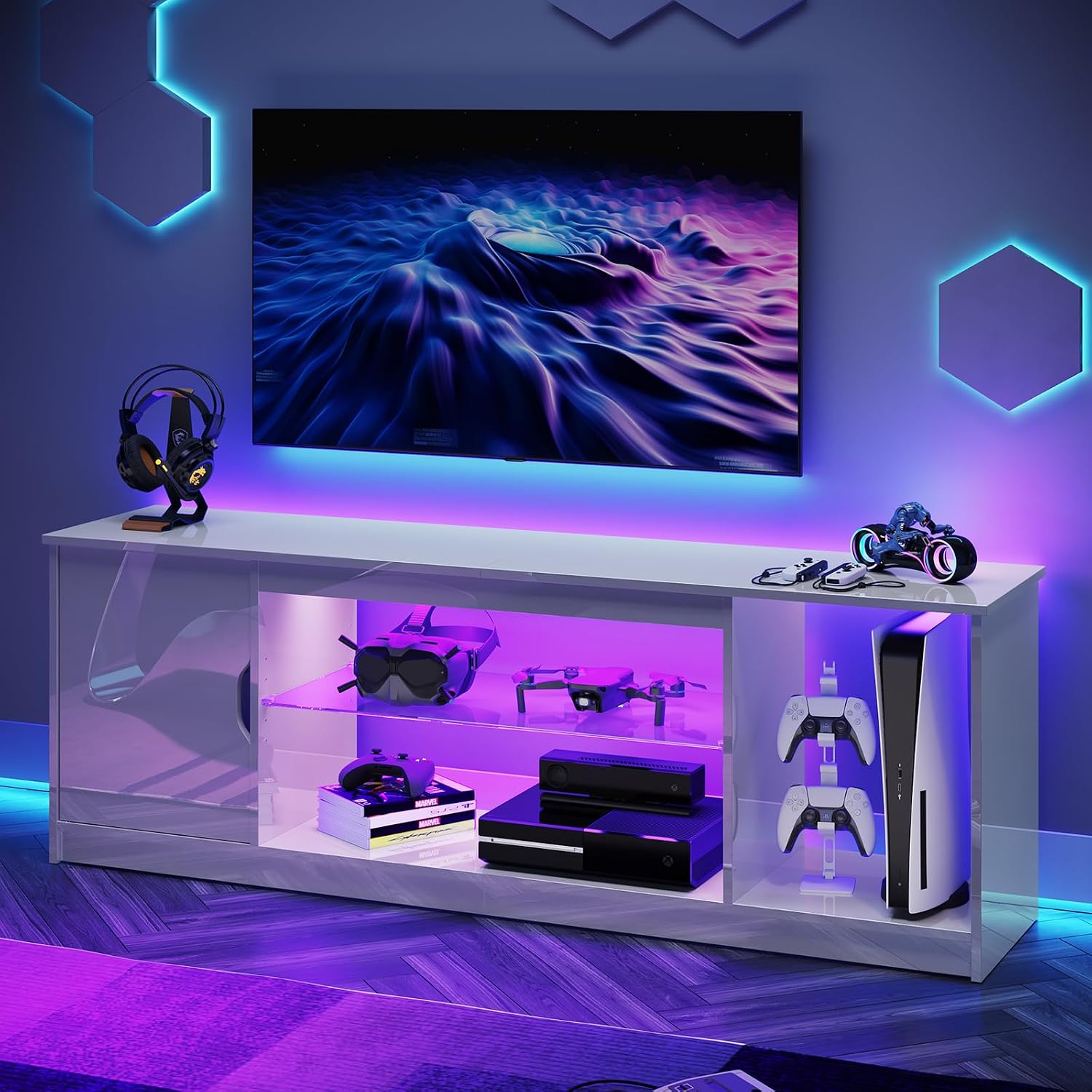 Bestier 57' Gloss White TV Stand for 65' TVs - Modern Gaming Console Unit with Glass Shelves, PS5/Xbox Cabinet, Adjustable Height Entertainment Center for Bedroom & Living Room