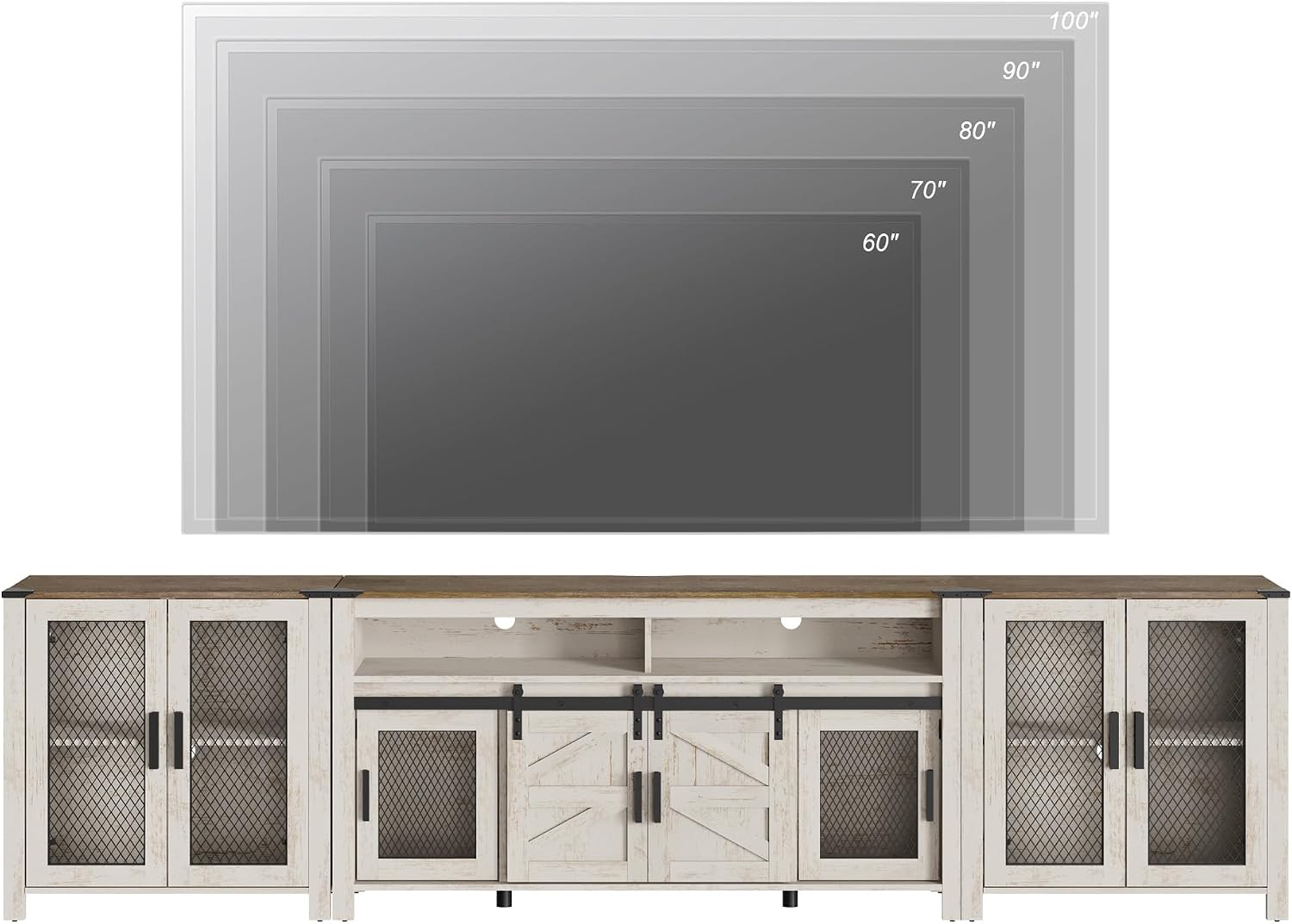 WAMPAT TV Stand Set for 100 inch TV,Door Storage Cabinet with Mesh for Living Room,Farmhouse Storage Units with Open and Adjustable Shelf,Antique White, Dark Walnut and White