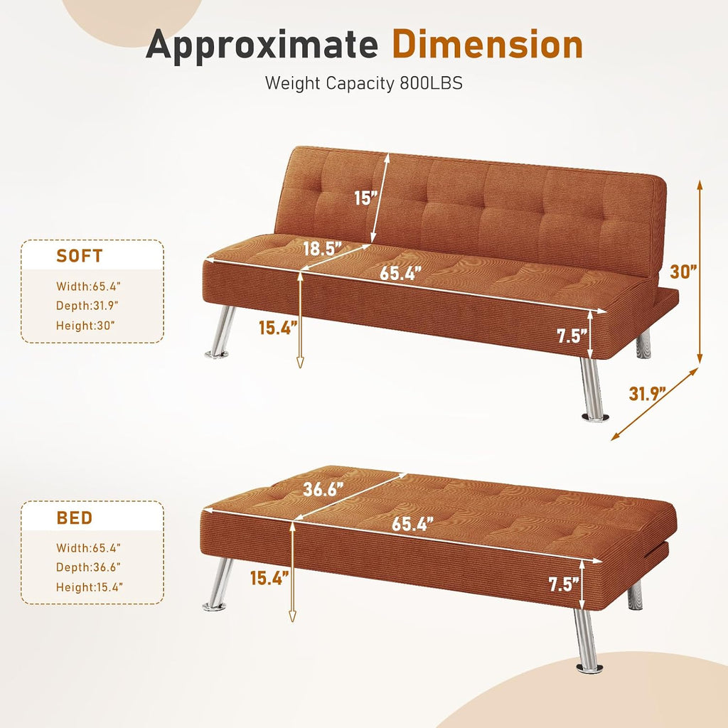 Furnimart Futon Sofa Bed, 66' Corduroy Convertible Futon Couch with 3-Position Adjustable Backrest, Solid Wood Frame Sleeper Sofa for Small Space, Living Room, Apartment, Office, Burnt Orange