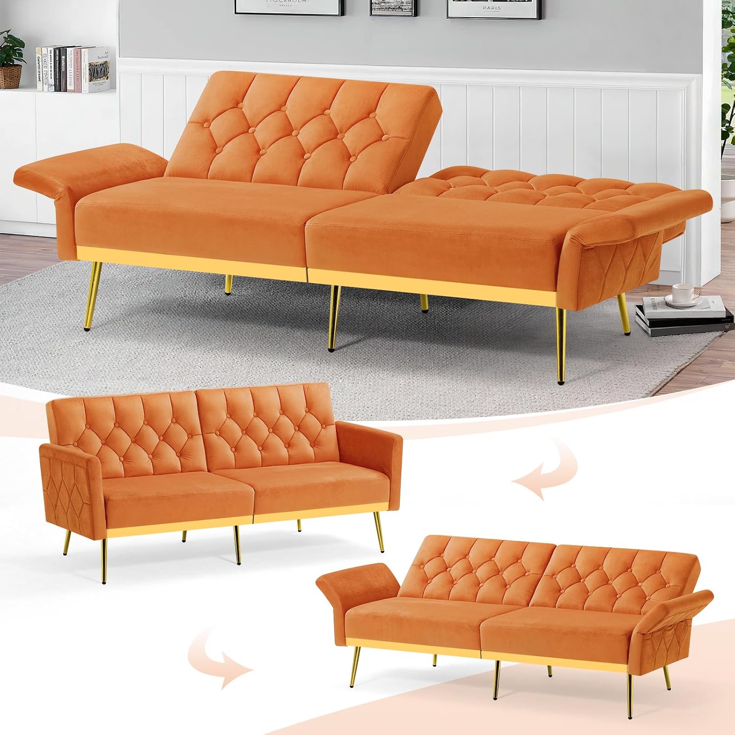 2 Pieces Velvet Sofa Set w/Adjustable Armrests and Backrests, Tufted Accent Chair w/Ottoman, Convertible Futon Sofa Bed for Bedroom, Living Room, Apartment, Orange
