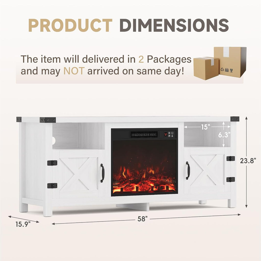 Furmax Fireplace TV Stand for 65 Inch TV, Fireplace Entertainment Center with Storage Cabinets and 2 Open Shelves, Modern Media TV Console Table for Living Room (White)