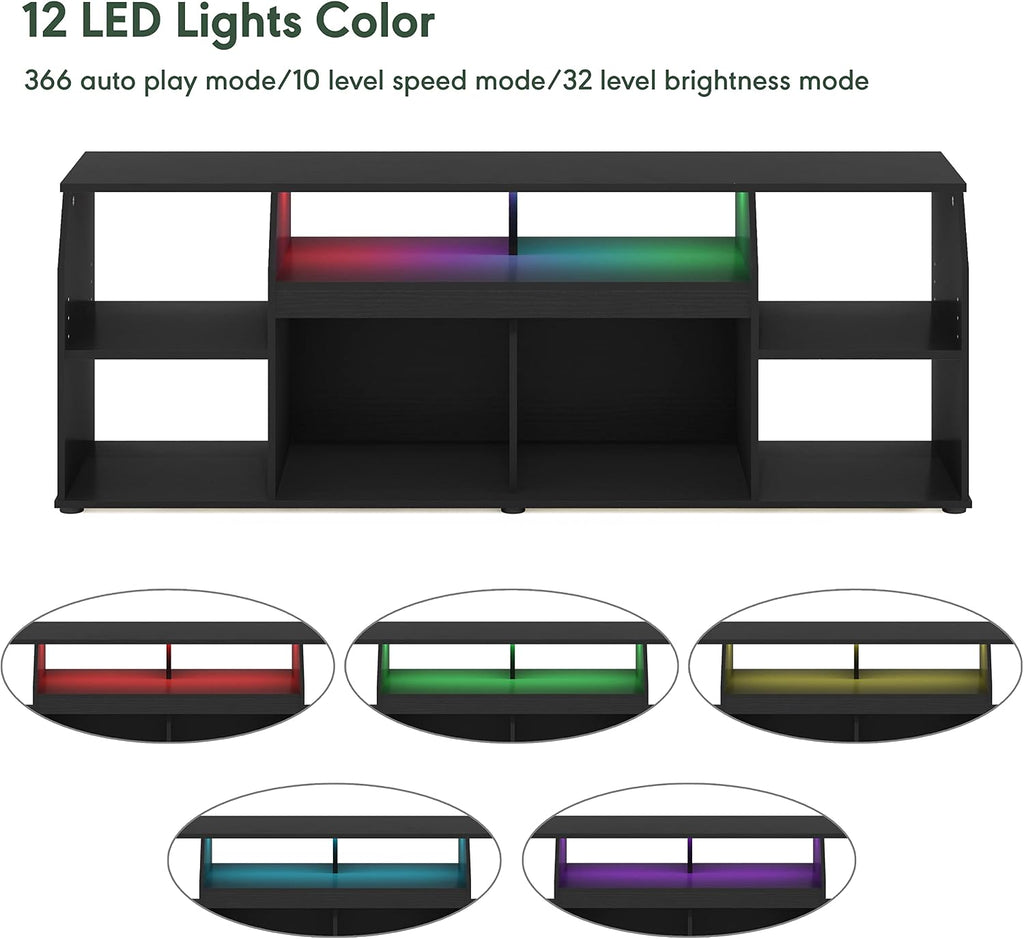 Furinno Jaya TV Stand, Large 6 Shelves Entertainment Center with LED, Media Console Table for TV up to 65 Inch, TV Console, for Living Room, Bedroom, Dark Americano